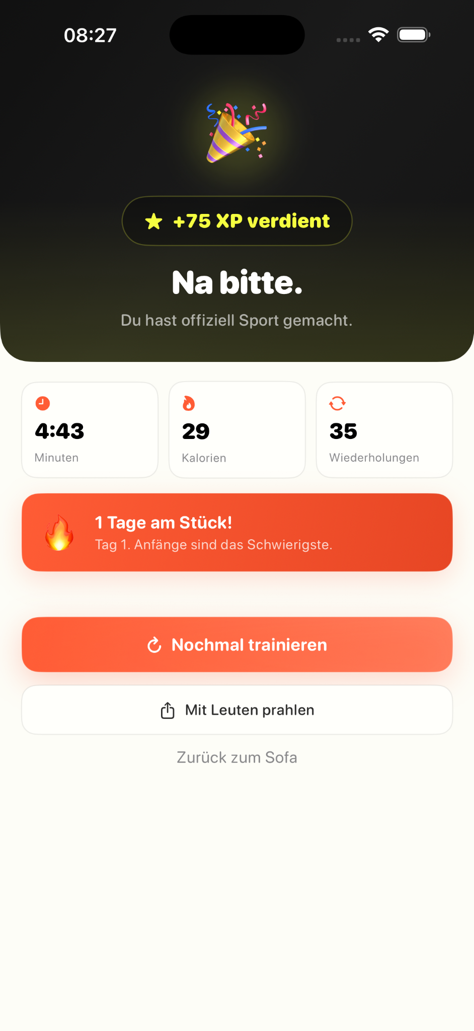 Abgeschlossenes faul.fit Workout mit XP
