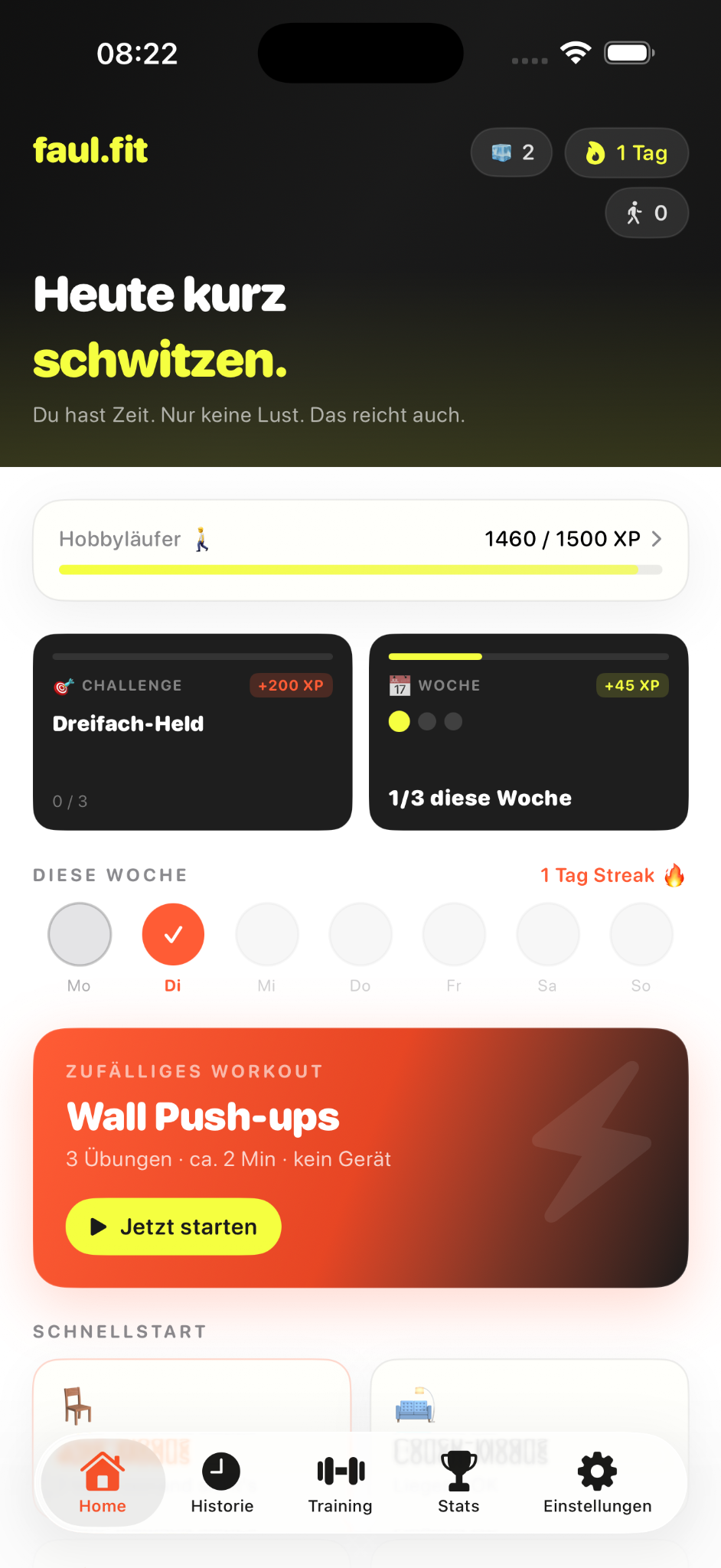 faul.fit Home auf dem iPhone
